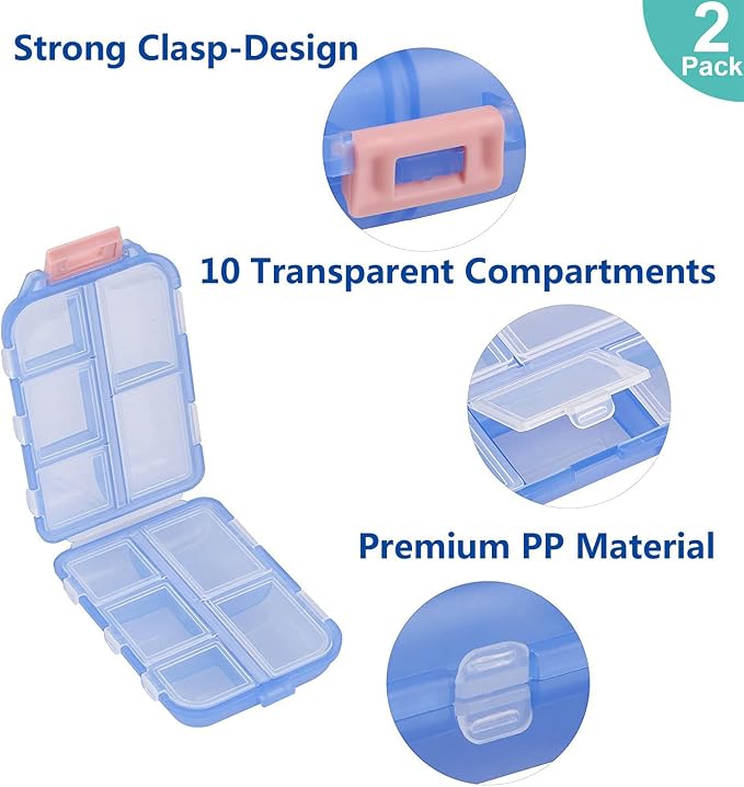 Pill Case (2 Pack) - Portable Small Supplements Tablet Container Box with 10 Compartments - Medicine Vitamin Organizer Dispenser Holder Storage for Travel Trip Pocket Purse(Blue+White)