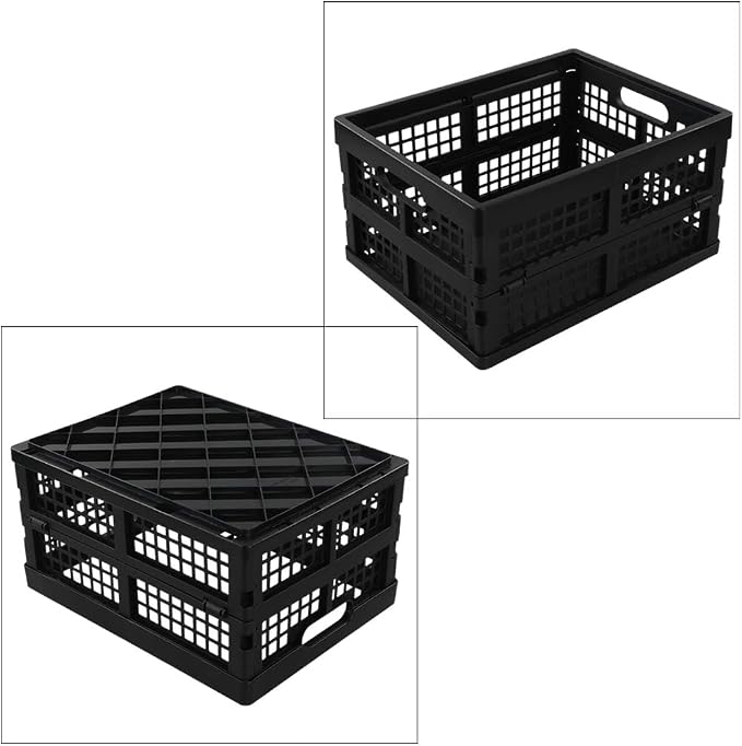 3-Pack 15 L Stackable Storage Baskets, Collapsible Crates, Black | Folding Storage Containers for Organizing Tools, Books, Food, Drinks, Camping & Transport
