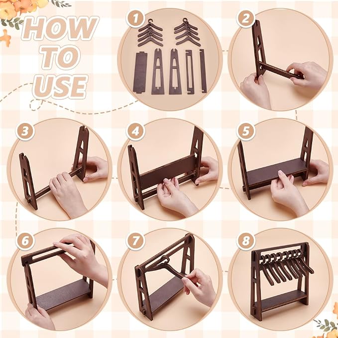 UNICRAFTALE Wood Dog Garment Rack with 10Pcs Wood Pet Clothes Hanger Small Dolls Clothes Racks Coconut Brown Mini Dog Dress up Storage for Doll Pet Cat and Puppy Accessories 7.48"x2.05"x8.27"