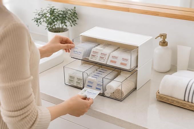 2Pack Bandage Storage Organizer -Large Capacity First Aid Organizer - 4Compartments Bandaid Holder-Medicine Cabinet Storage for Cotton Swab, Paper Clips,Pills,Flip Cover (White)