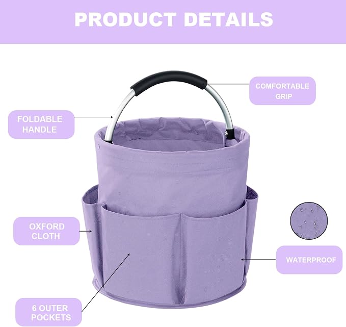 Cleaning Caddy with Handle, 17L Foldable Cleaning Supplies Organizer, Portable Storage Basket, Cleaning Supply Caddy, Multifunctional Cleaning Bucket Bag for Garden, Home, Kitchen (Purple)