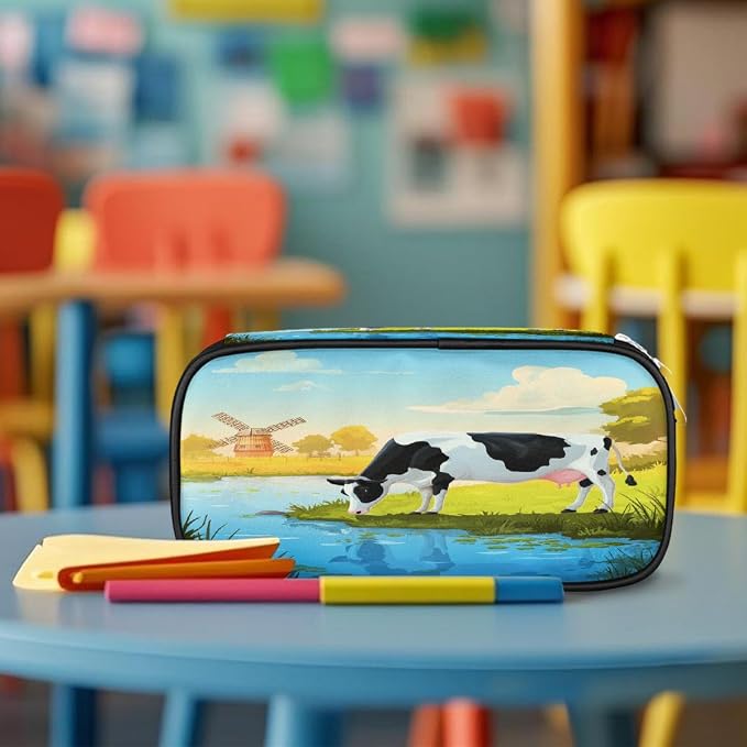 Pencil Case Pouch, Cute Farm Cow Large Pen Bag with Zipper, Portable Zipper Pencil Pouch Organizer for Student Teen Girls Boys