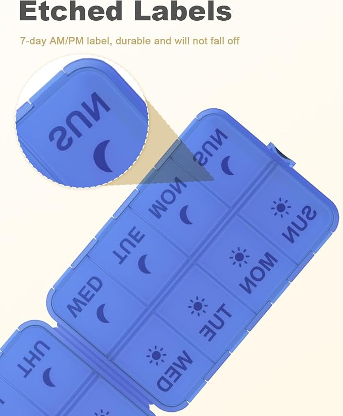 Pill Organizer Travel Medicine Case - Travel Pill Case with Etched Labels, Daily Travel Medicine Case Holder