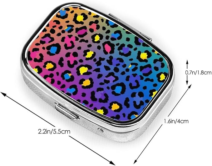 Cheetah Skin Rainbow Leopard Print Pill Case Pill Box with Mirror Retro Pocket 2 Compartment Medicine Case Vitamin Pill Organizer for Pocket Purse and Travel Gifts