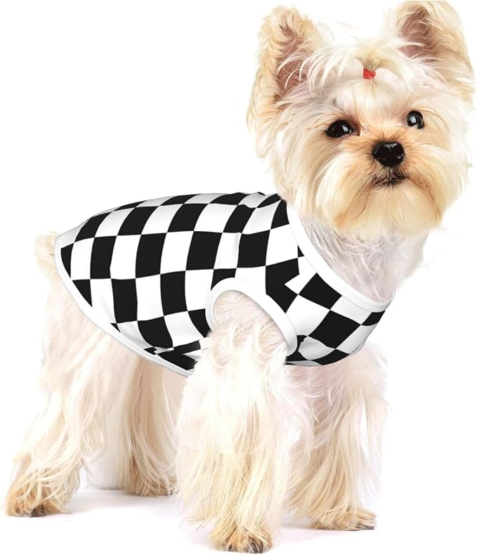 Black White Checkered Dog Shirts Sleeveless Puppy Cotton T-Shirts