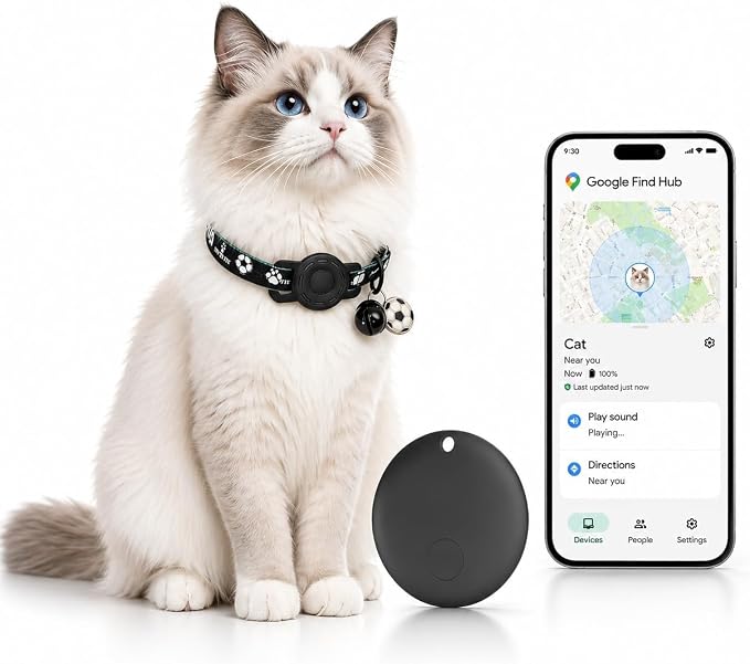 GPS Collar for Cats (Android Only) Pet Tracker, Soccer Style Smart Tag Compatible with Google Find My, Waterproof No Monthly Fee Cat Tracking Collar, Game Day Football Design for Pet Safety
