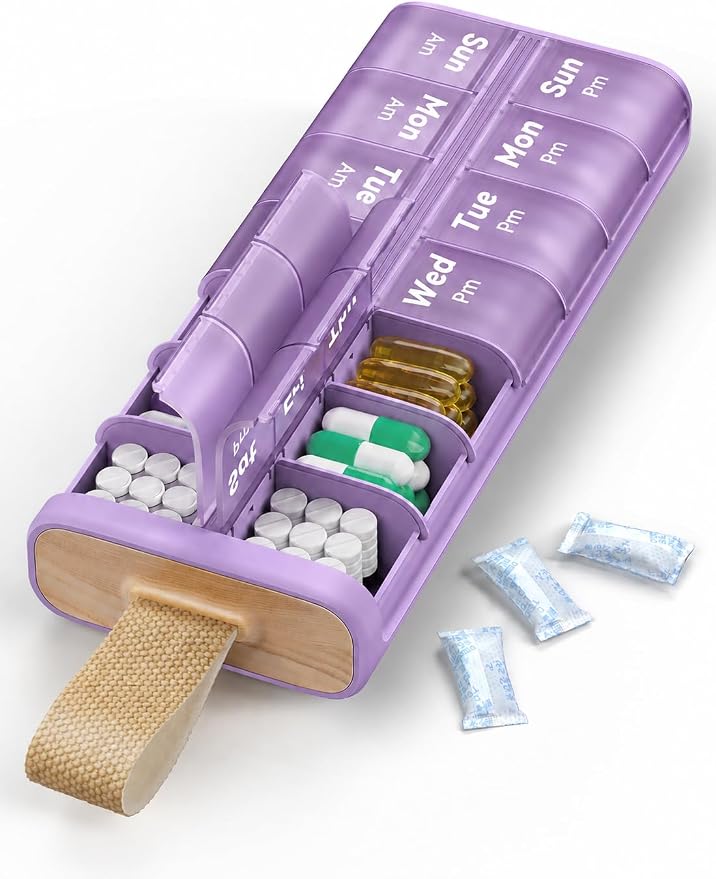 Pill Organizer 2 Times a Day, Built-in Desiccant | 7 Day AM PM Weekly Pill Box, Easy-Open, Portable Carry Handle, BPA-Free, Matte Privacy Case for Supplements and Vitamins