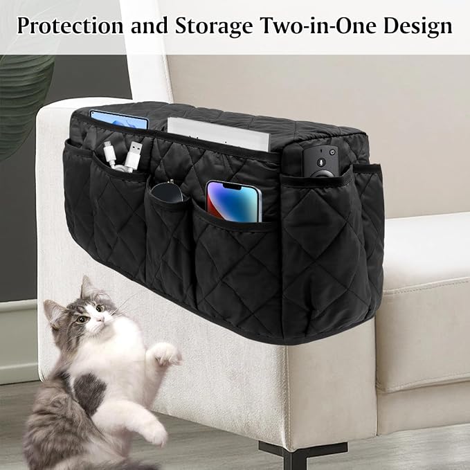 Remote Control Holder, Non Slip Bedside Armchair Caddy, Recliner Arm Caddy Armrest Organizer with 14 Pockets for Cell Phone TV Remote Control Magazines, Black