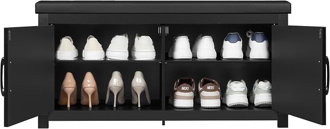 Hzuaneri 39.4" Shoe Storage Bench, with Soft Padded Seat Cushion & Doors | 2 Tier Entryway Storage Bench with Adjustable Shelf, Farmhouse Shoe Cabinet for Living room, Bedroom, Black SB26606BK