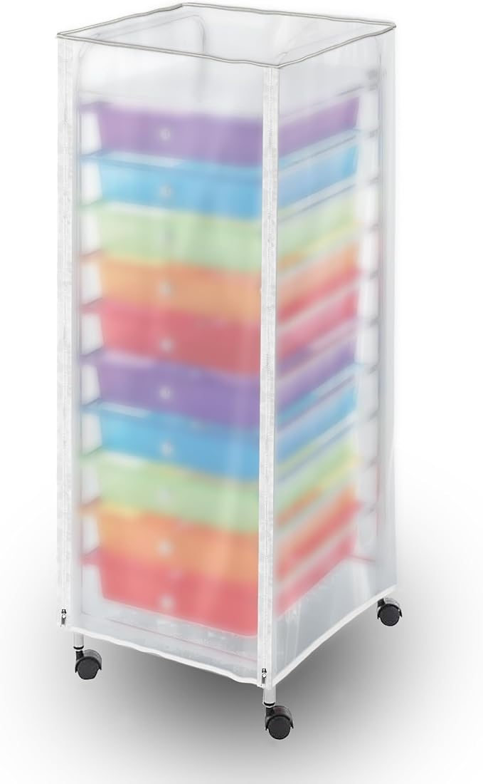 Utility Cart Cover Frosted PVC 10 Drawer Cart Cover with Zipper Access | Semi-transparent frosted PVC, roll-up panel, top buckle straps, dual zippers, inner fastening straps, dust protection