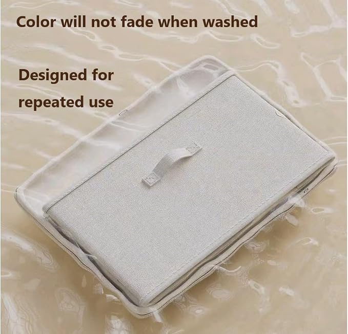[3 Pack] Beige Cotton Linen Collapsible Storage Bins for Home Organization, Waterproof Fabric Foldable Organizer Boxes, 19.29 x 14.57 x 12.2 Inches, Zippered Flap & Handle (Extra Large)