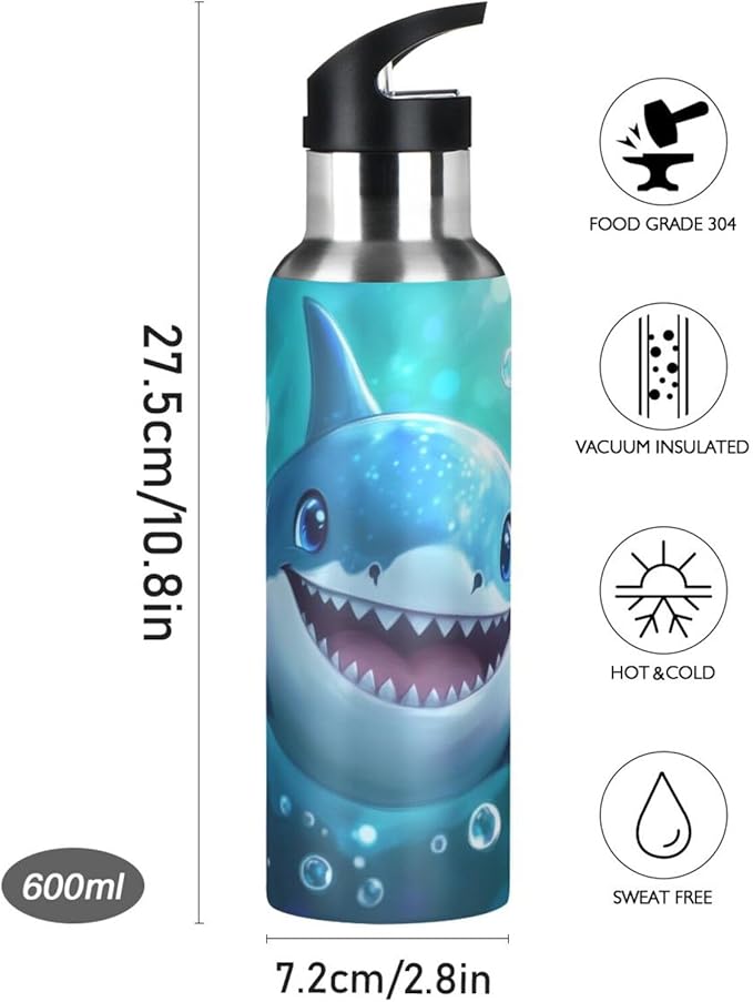 Cute Blue Shark Bubbles Water Bottle with Straw Lid Kids Insulated Stainless Steel Water Flask Sports, 20 Oz Hot Cold