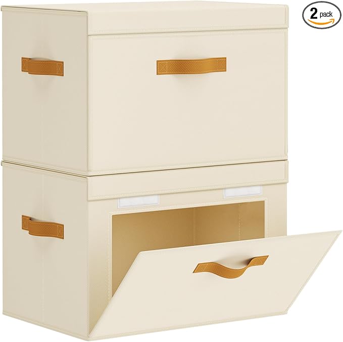 Homsorout Large Storage Bins with Lids - Front Opening Fabric Storage Bins, Flap Closet Organizer with Handles, Collapsible Boxes with Lid, Decorative Basket for Home, Dorm, 2 Pack, Beige