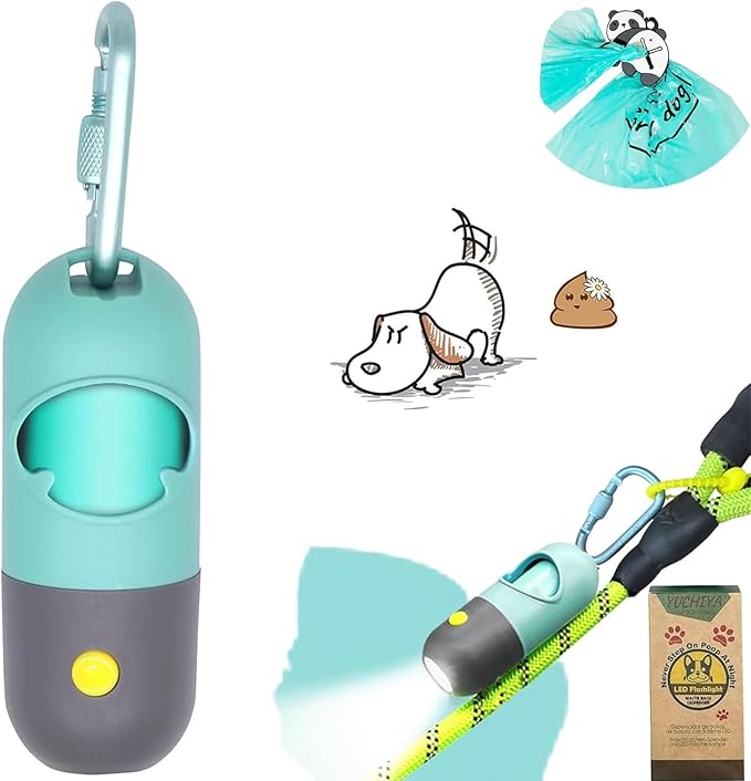 YUCHIYA Dog Poop Bag Holder Dispenser with LED Flashlight(Crystal Blue) | 100ft Ultra-Bright LED|Glow-in-the-Dark Avacado Clip|Metal Carabiner&Silicone Tether|15 Leak-Proof Scented Waste Bags