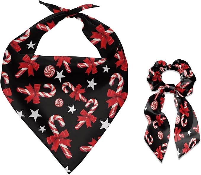 COEQINE Christmas Bandanas for Dogs Large Sleep Hair Tie for Women Matching Dog and Owner Clothes Set 2 Pcs Red Candy Cane Pattern Festival Costume Non Slip