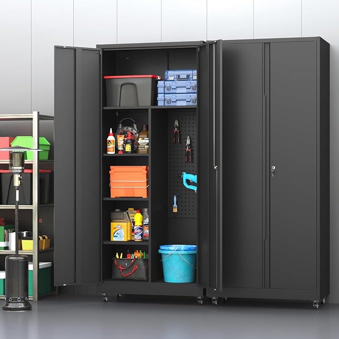 Metal Garage Storage Cabinet with 2 Doors, Adjustable Rolling Tool Storage Cabinet with Lock, 71" Steel Locking Broom Closet with Wheels and Shelves for Garage, Warehouse(Black, 71" H)