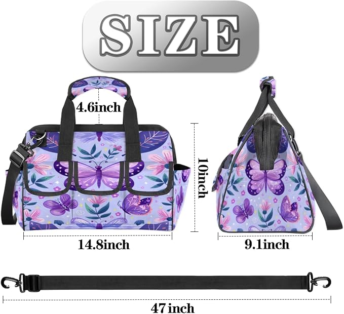 Purple Butterfly Heavy Duty Tool Bag 14.8 Inch Butterflies Rustic Floral Portable Soft Tool Box Organizer Storage with Adjustable Shoulder Strap