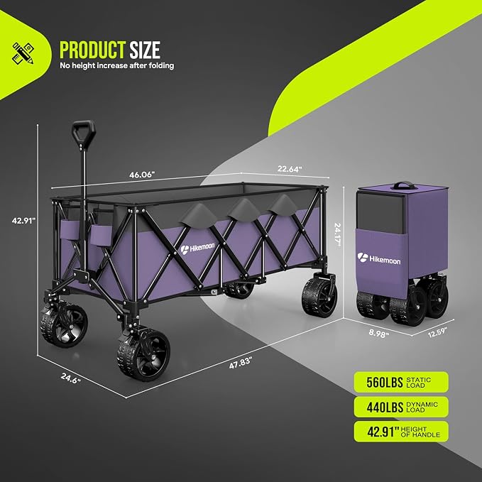 48'' Extra Large Collapsible Wagon with Big Wheels, 300L Purple | 560LBS Heavy Duty, Wagons Carts Foldable, All-Terrain, Brakes, Folding Cart, Utility for Beach/Camping/Garden/Sports/Grocery
