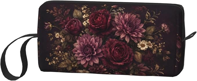 Burgundy Floral Small Makeup Bag, 600D Oxford Travel Pouch | Burgundy Floral Cosmetic Pouch with Double-Sided Print and Foam Padding for Women, Travel, Gym, Weekend Trips and Daily