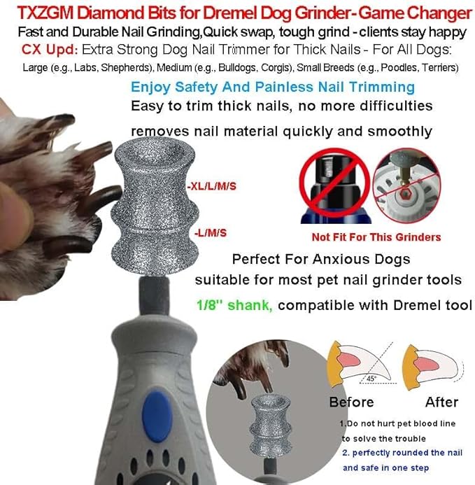 Stress-Free Diamond Dog Nail Grinder Bit Attachment for Dremel - Refill Tips & Replacement Heads Fit Dremel 7760 & 7350, for Small to Large Pet Dogs/Cats, Thick Nail Grooming, 2-Pack