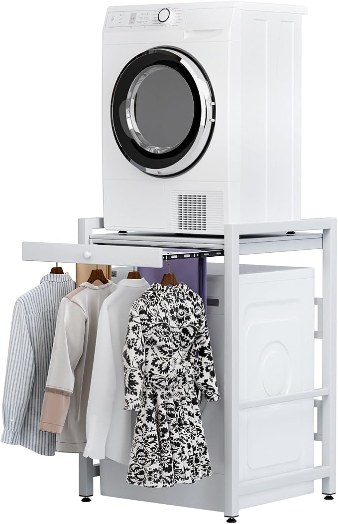 Washer Dryer Stacking Rack, 550lbs Capacity Heavy Duty Washing Machine Storage Utility Rack with Countertop, Height Adjustable Washing Machine Shelf for Laundry Rooms Bathrooms (D)