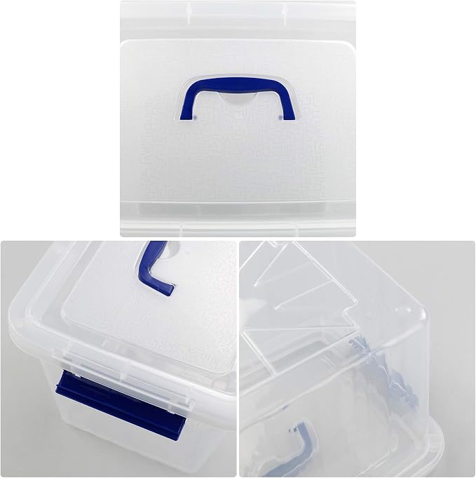 4-Pack 10 L Plastic Storage Box, Clear Storage Box with Lid | Secure Side Buckle Latches, Dustproof Lid, Clear Visible Body, Stackable Compact Size, For Home Office Small Item Storage