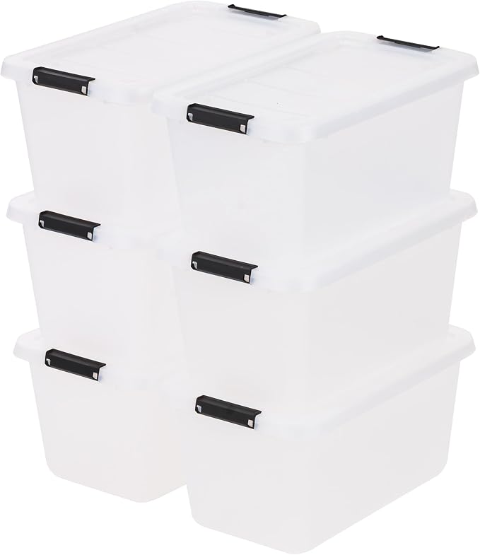 IRIS USA 6-Pack 13.5 Quart Clip Box with Latching Lid | Latching lid secures office and household supplies. Stackable, nestable design maximizes storage space