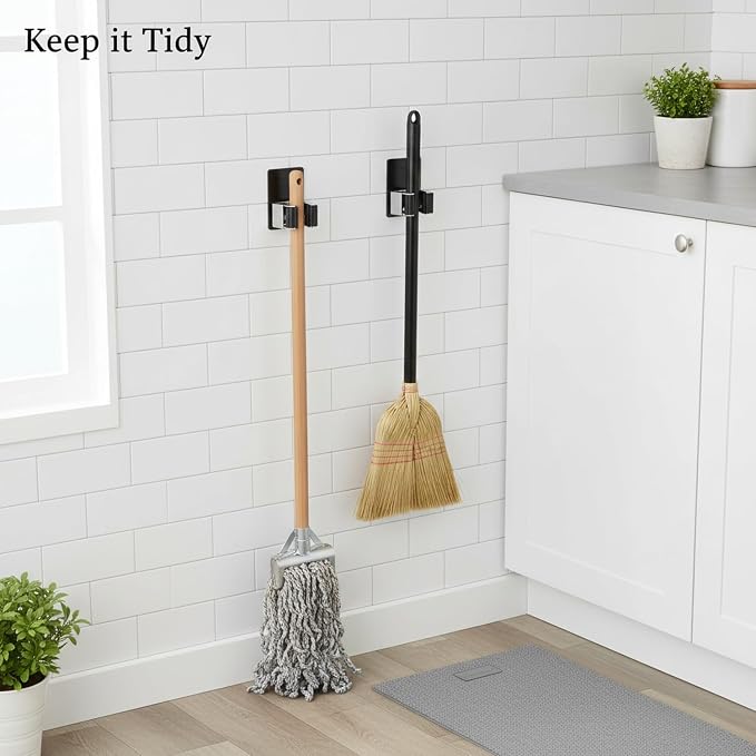 Stainless Steel Mop and Broom Holder Wall Mount, No-Drill Adhesive or Screw-In Hook for Bathroom, Laundry, Garage Organization (1 Pack)