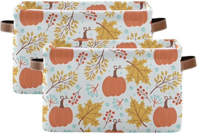 Fall Pumpkin Storage Basket Fabric Storage Bin Laundry Baskets Autumn Maple Leaves Foldable Storage Boxes Organizer Bag for Baby Cloth Dog Toy Book Storage Cubes Shelf Closet Basket 16×12×8 Inches