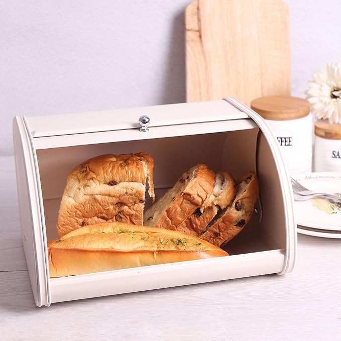 KL X458 Cream Metal Bread Box/Bin Storage Container for Kitchen Countertop | Save bread for long-lasting freshness and cream colored design decorate your kitchen