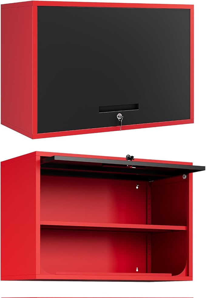 Metal Wall Cabinet with Locking Door and Shelf, Hanging Garage Cabinets with Up-Flip Doors for Garage, Warehouse, Home, Office, Assembly Required (Black Red, One Cabinet)