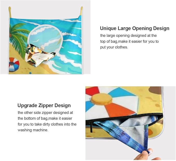 2PCS Hanging Laundry Hamper Bag Over the Door Laundry Hamper Wall Hamper Large Dirty Clothes Hamper with Stainless Steel Hooks 29.5x20Inch Tree Beach Wave Life Circle Sun