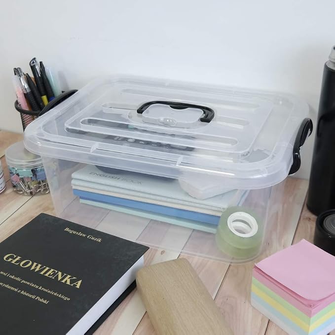8 L Plastic Storage Boxes, Clear Storage Bin with Handle, 2-Pack | Secure Side Buckle Latches, Dustproof Lid, Clear Visible Body, for Home Office Storage