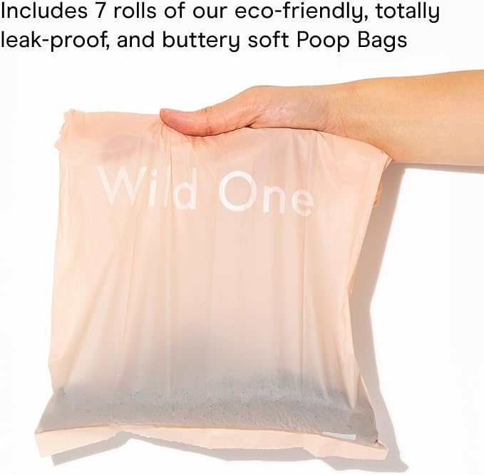 Wild One Dog Poop Bag Holder and Dispenser with Leash Attachment, Leak Proof, Easy Twist Top for Refills, Includes 1 Box Of Bags, Blush