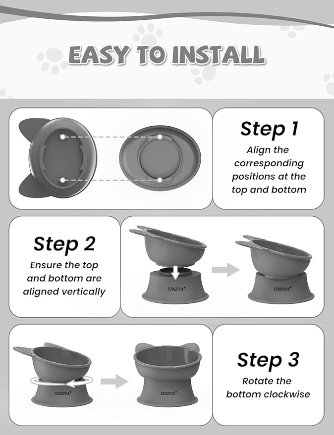 YINEYA Cat Bowls, Cat Food Bowl Elevated to Protect Neck & Anti-Vomit, Whisker-Friendly Raised Food & Water Bowls for Indoor Cats/Small Dogs, Cute Pet Feeding Bowl 6 OZ Each, Dishwasher Safe, Gray
