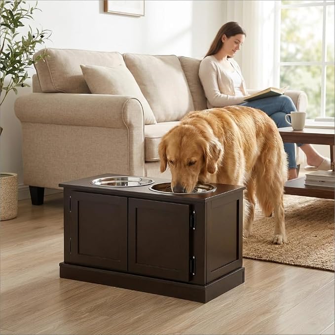 Dog Feeding Station with Storage, 2 Stainless Steel Bowls, Coffee, Elevated Dog Bowl Holder, Dog Feeder Stand, Wooden Dog Food Organizer for Indoor, Dog Food Storage Cabinet