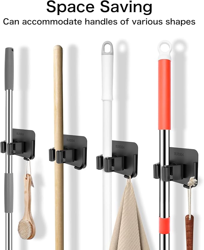 nacena 4 Pack No Drill Self Adhesive Broom Mop Holder Wall Mount with Hooks, Heavy Duty Stainless Steel Organizer for Kitchen Bathroom Garage Storage, Black