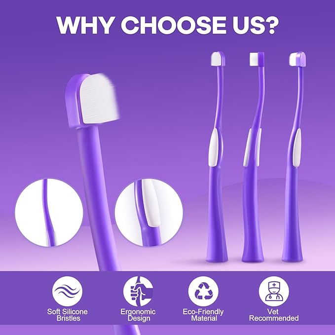 Zero-Pressure Comfort Pet Toothbrush – Ultra-Soft PBT Bristles & Hygienic Standing Base – 20° Ergonomic Grip Safe Daily Dental Care for Cats & Small Dogs, Purple