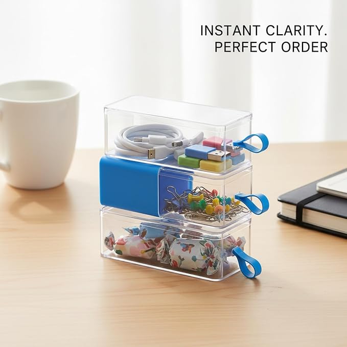 Stackable PET Storage Box, Rigid Clear Organizer for Cables & Small Items, Durable Transparent Container, 13 x 3.3 x 1.6 Inches