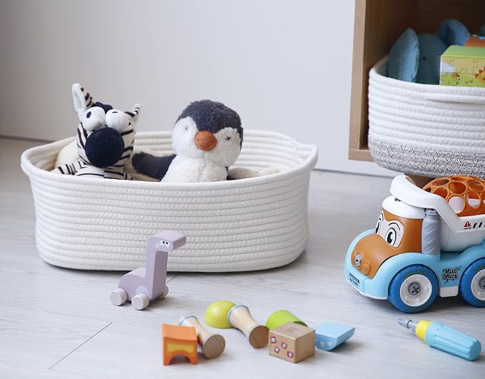 Woven Cotton Rope Storage Basket, Cube Changing Table Organizer for Closet Towels, Baby Nursery Bin, Small Dog Cat Toy Box, Gift Baskets empty (White)
