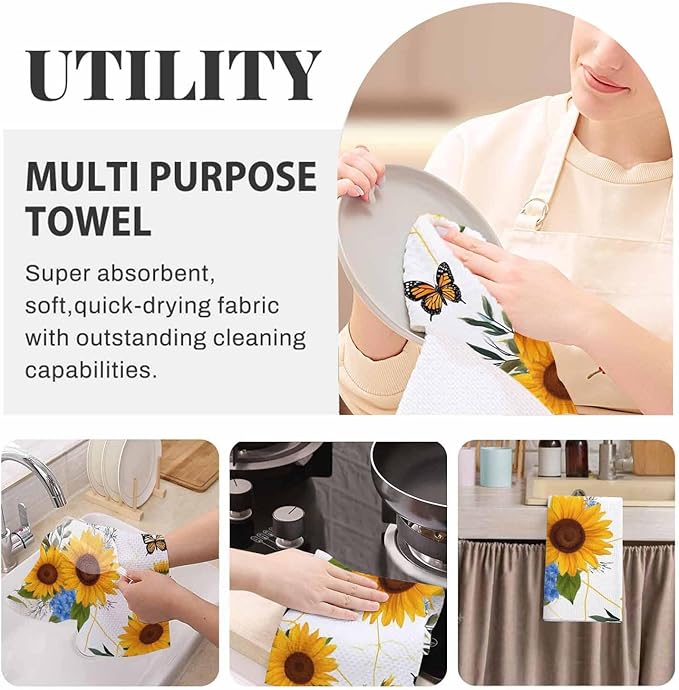Sunflower Waffle Kitchen Dish Cloths Bloom Flowers Butterflies Ultra Soft Absorbent Quick Drying Dish Towels 16 X 24 Inches Set of 2