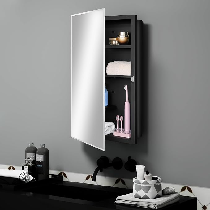 Black 16 x 26 Recessed Metal Medicine Cabinet With Mirror for Bathroom Wall | Black Bathroom Medicine Cabinet with Adjustable Staggered Shelves, Piano Hinge, Left/Right Swing & Matte Powder-Coated Finish