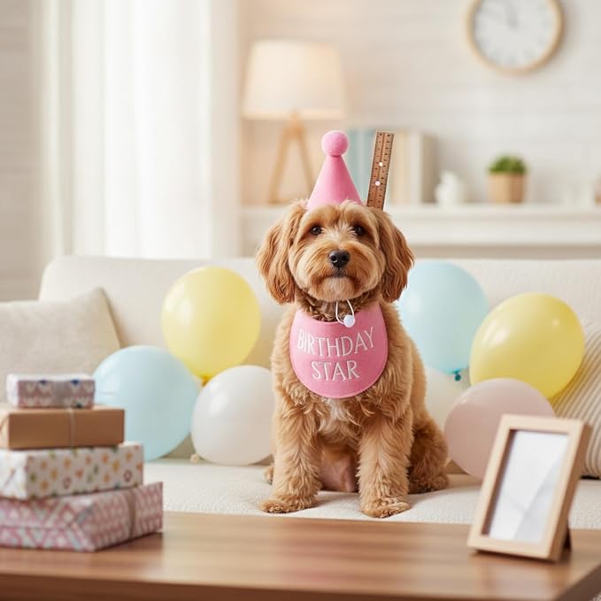 Adjustable Dog Birthday Hat and Bib Set, Soft Pet Costume Accessory for Small to Medium Dogs