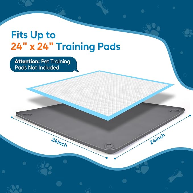 Pee Pad Holder for Small Dogs, 24" x 24" Dog Puppy Pee Pad Holder, Gray | Non-Slip Silicone Tray with 4 Magnetic Clips for Training, No Spill Raised Lip High Edge for Indoor Floor Protection