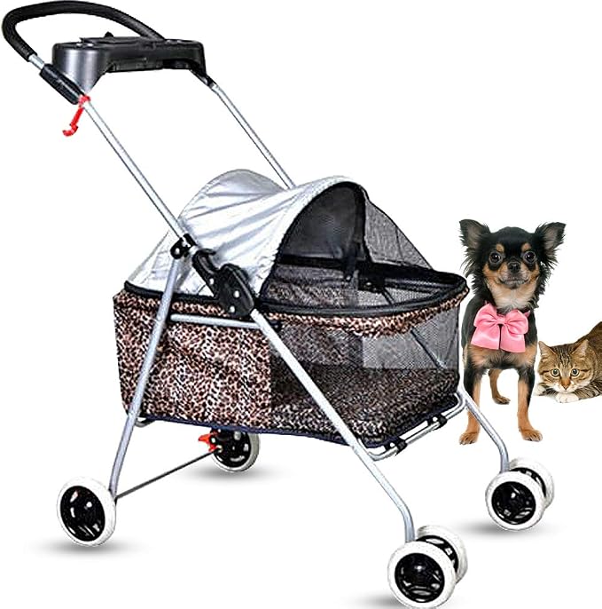 Dog Stroller Pet Stroller Cat Strollers Jogger for Small-Medium Dogs, Cats Folding Travel Carrier Durable 4 Wheels Doggie Cage with Cup Holder Waterproof Puppy Strolling Cart Leopard Skin