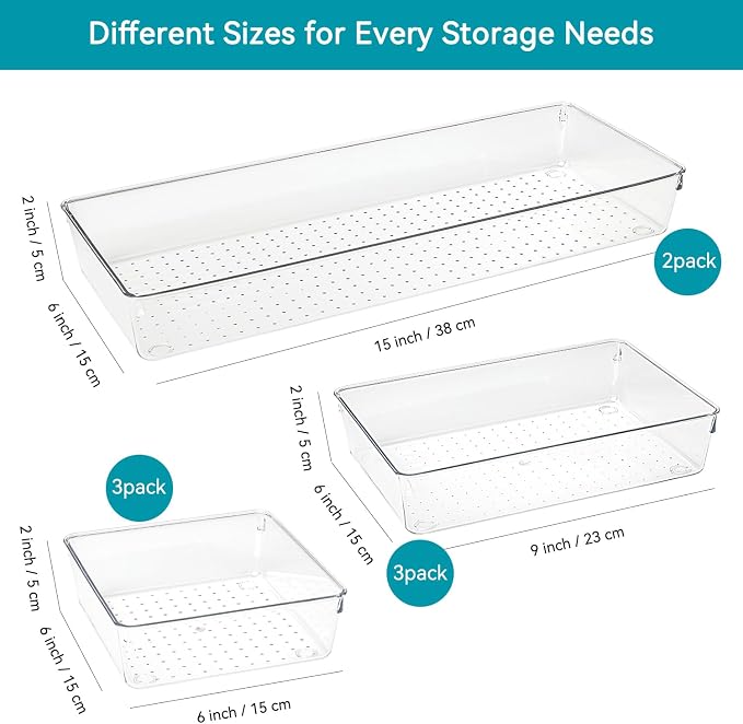 Voova Clear Plastic Drawer Organizer Trays, 8 Pack | Three tray sizes create custom storage for kitchen utensils, cosmetics, office supplies, bathroom items and more
