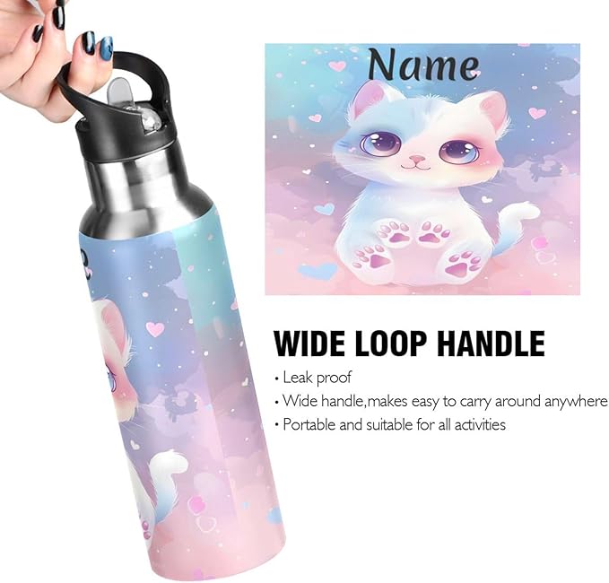 Custom Name Cat Pet Pink Water Bottle with Straw Lid Kids Insulated Stainless Steel Water Flask Sports, 20 Oz Hot Cold
