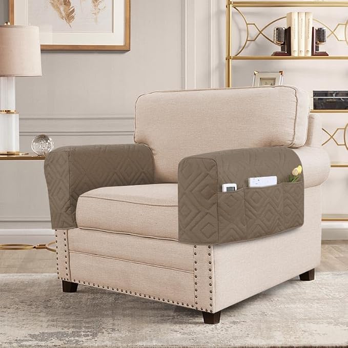 H.VERSAILTEX Water Resistant Armrest Covers for Sofa, 2 Pack, Taupe/Beige | Waterproof Armchair Caddy, Couch Arm Covers Remote Control Holder Sofa Armrest Organizer for Magazine, Tablet, Phone, iPad