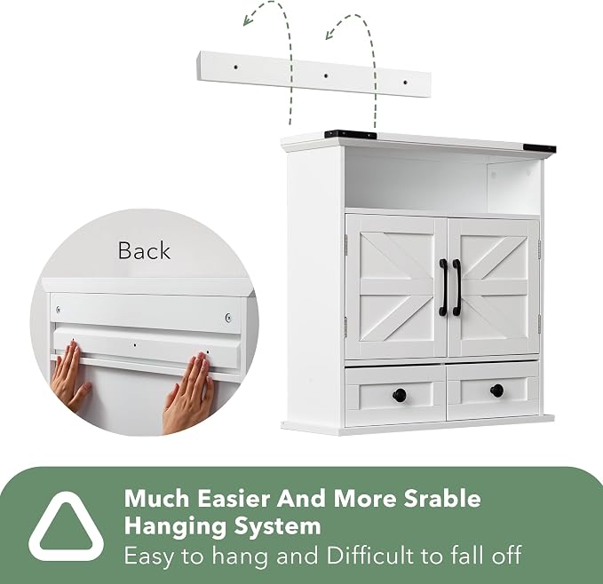 Bathroom Wall Cabinet with Motion LED Light, 23 x 25 Inch, White | Farmhouse over-toilet medicine cabinet with safety drawers, 9-inch depth, and a water-resistant white finish.