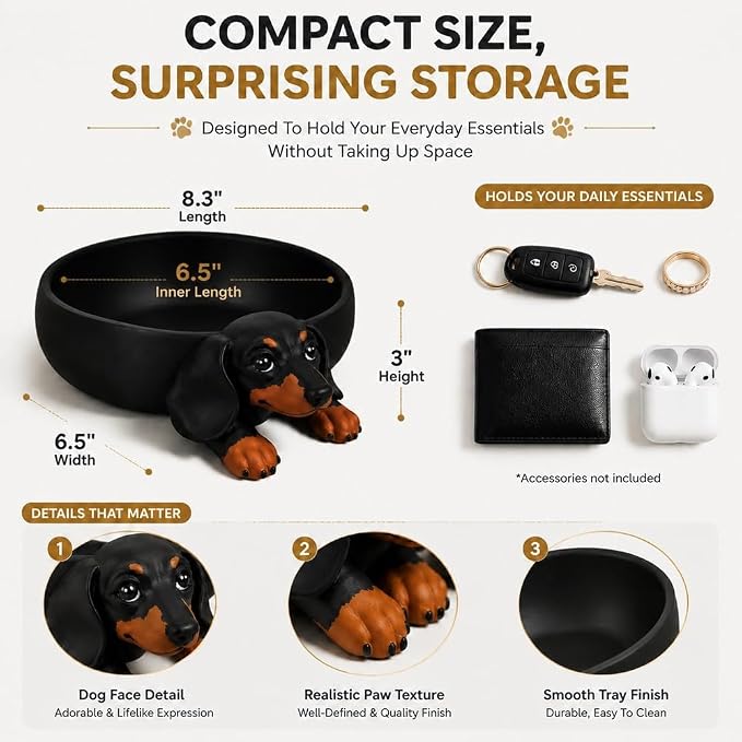 Dachshund Catch All Tray, Dog Key Bowl Jewelry Storage Holder Home Decor | 3D Printed Candy Dish Cute Trinket Organizer Decorative Animal Statue Desk Accessories Pet Lover Gift for Entryway(3PCS)